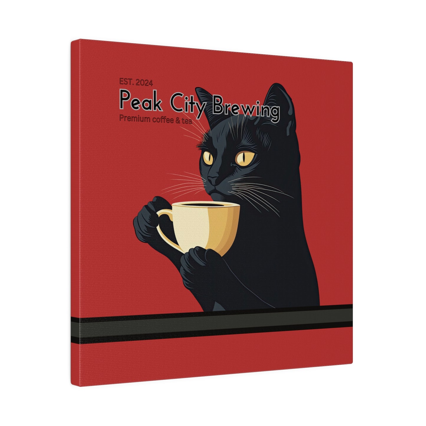 Cat Drinking Latte canvas wall art accent decor | Red