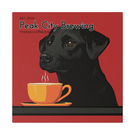 Dog Drinking Latte canvas wall art accent decor | Red