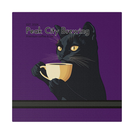 Cat Drinking Latte canvas wall art accent decor | Purple