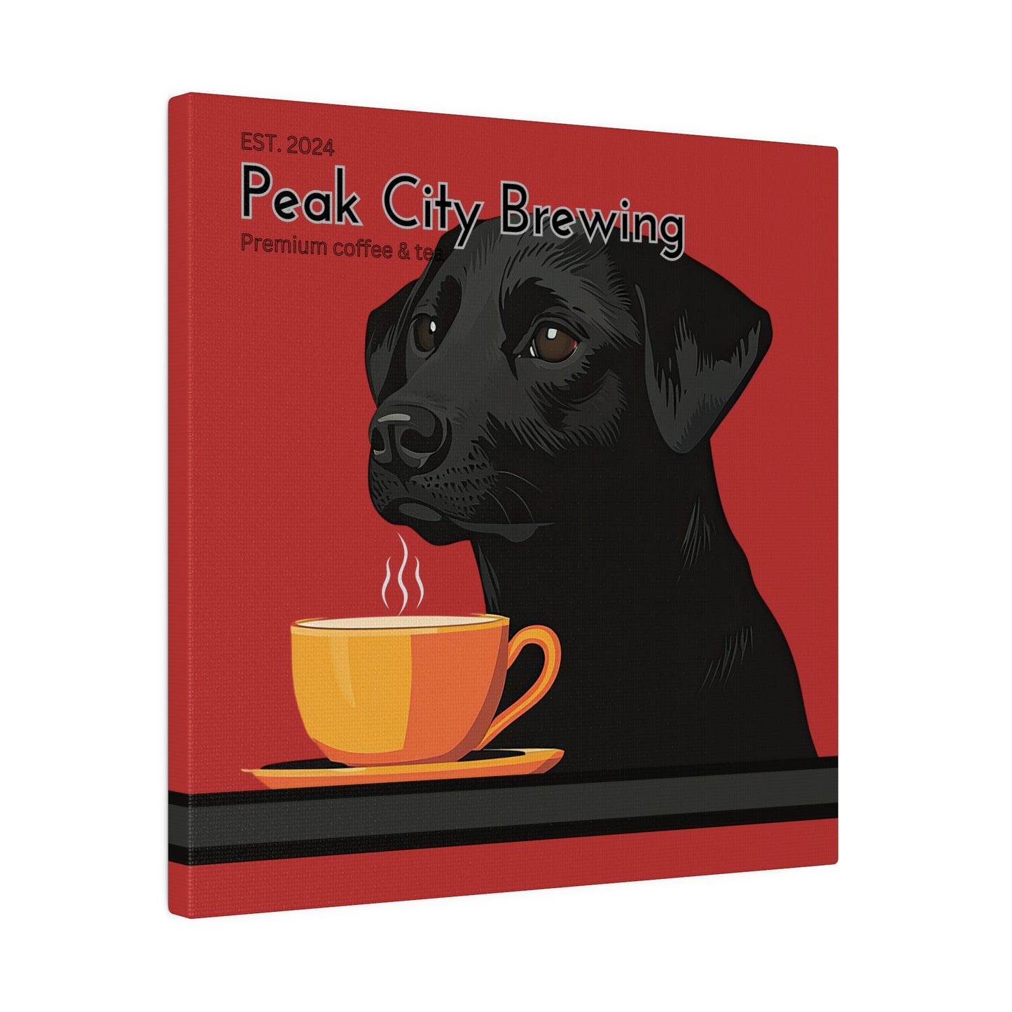 Dog Drinking Latte canvas wall art accent decor | Red