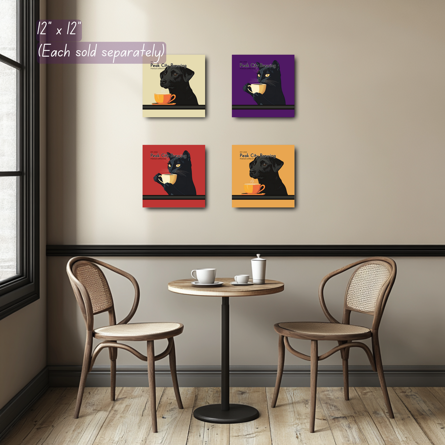 Cat Drinking Latte canvas wall art accent decor | Red