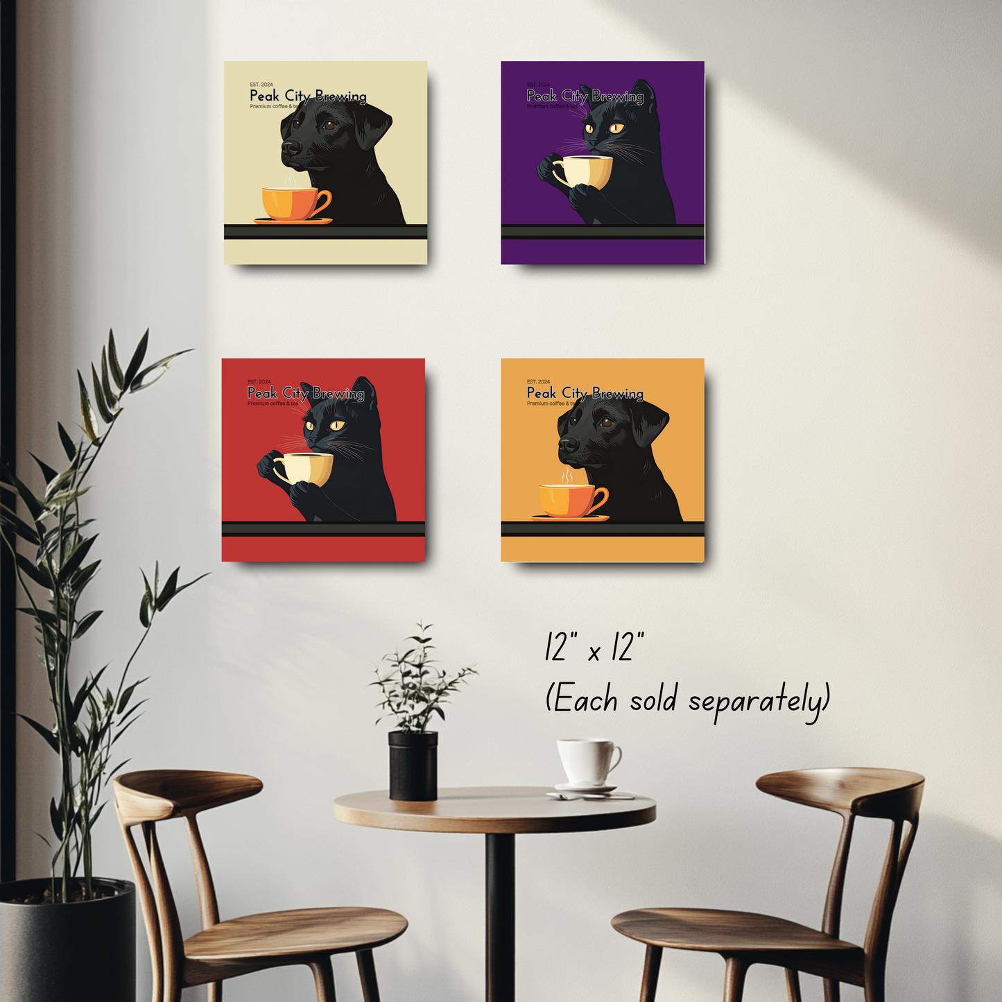 Dog Drinking Latte canvas wall art accent decor | Yellow