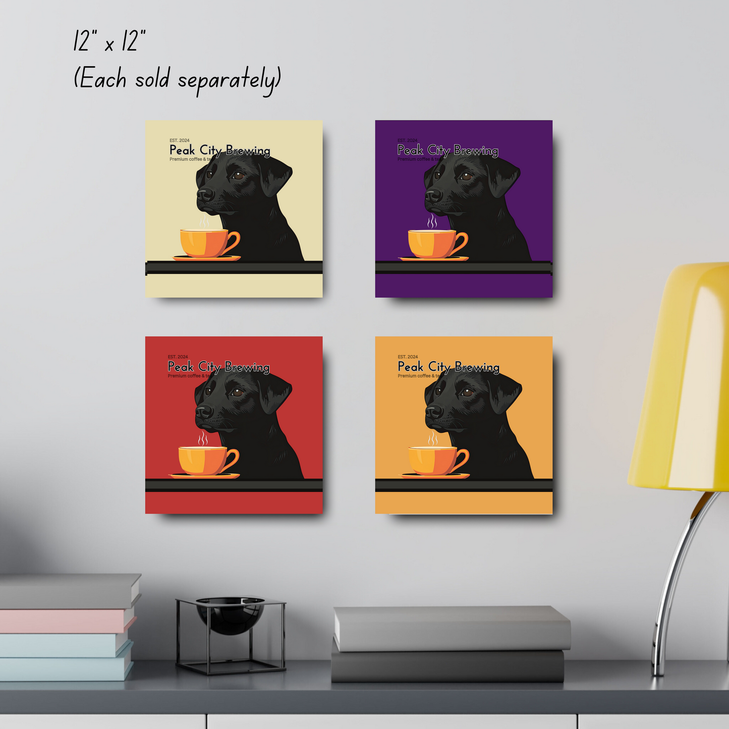 Dog Drinking Latte canvas wall art accent decor | Yellow