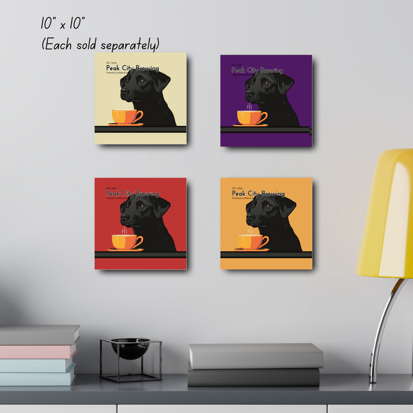 Dog Drinking Latte canvas wall art accent decor | Yellow