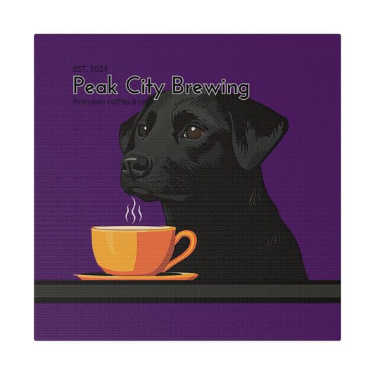 Dog Drinking Latte canvas wall art accent decor | Purple