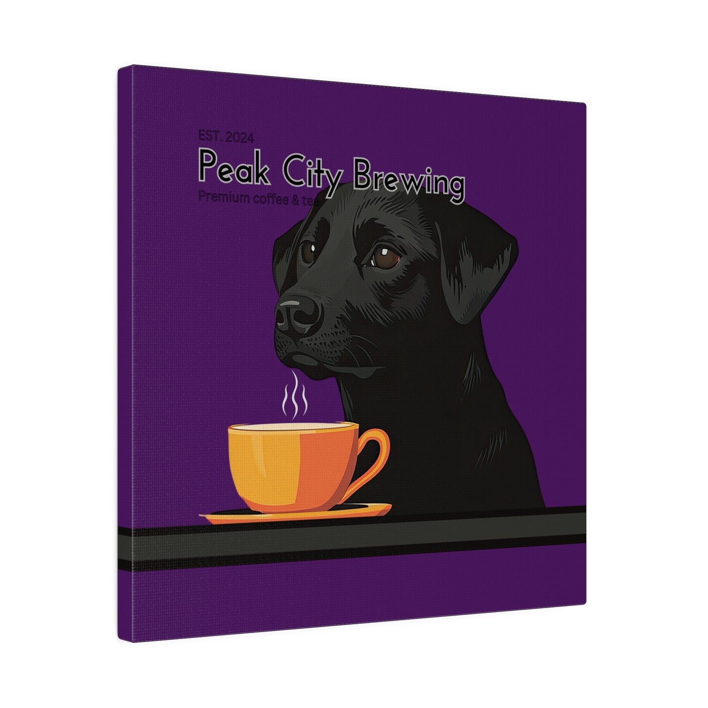 Dog Drinking Latte canvas wall art accent decor | Purple