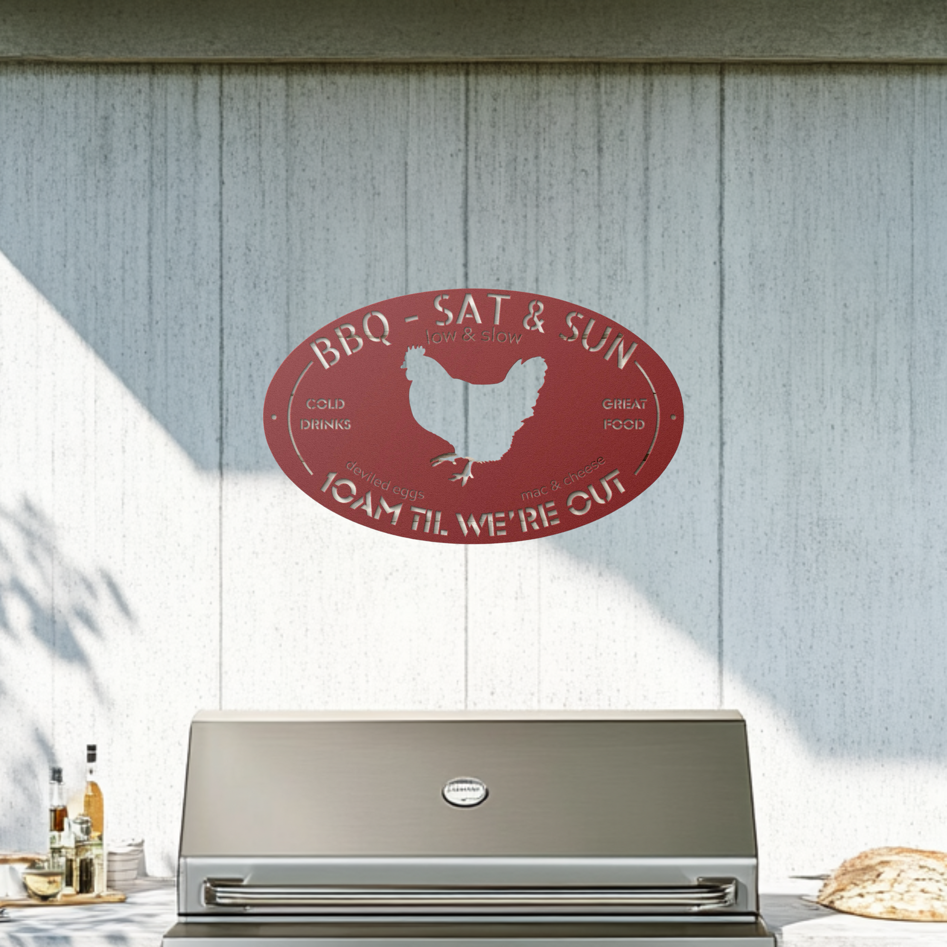 BBQ Chicken Metal Sign Red