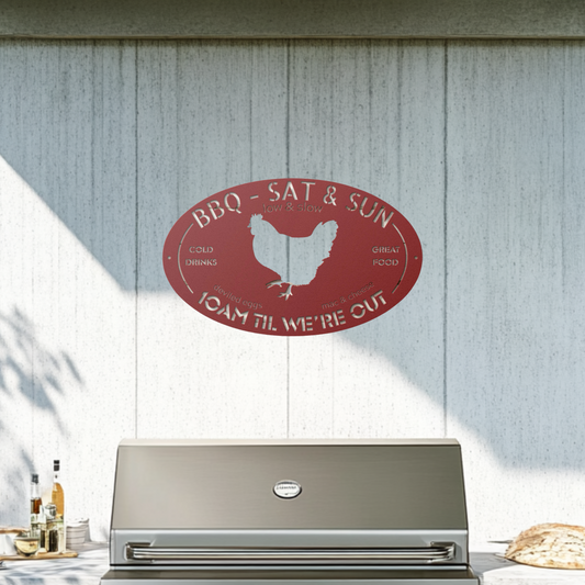 BBQ Chicken Metal Sign Red