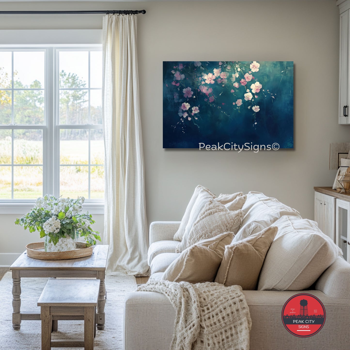 Blossoms in blue abstract canvas wall decor