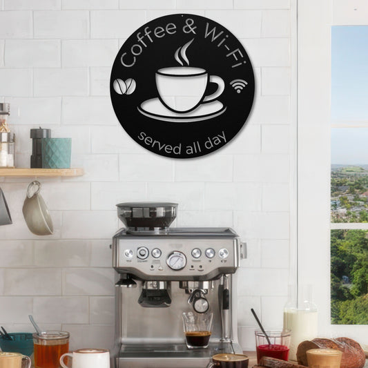 Coffee and Wi-Fi die-cut metal sign