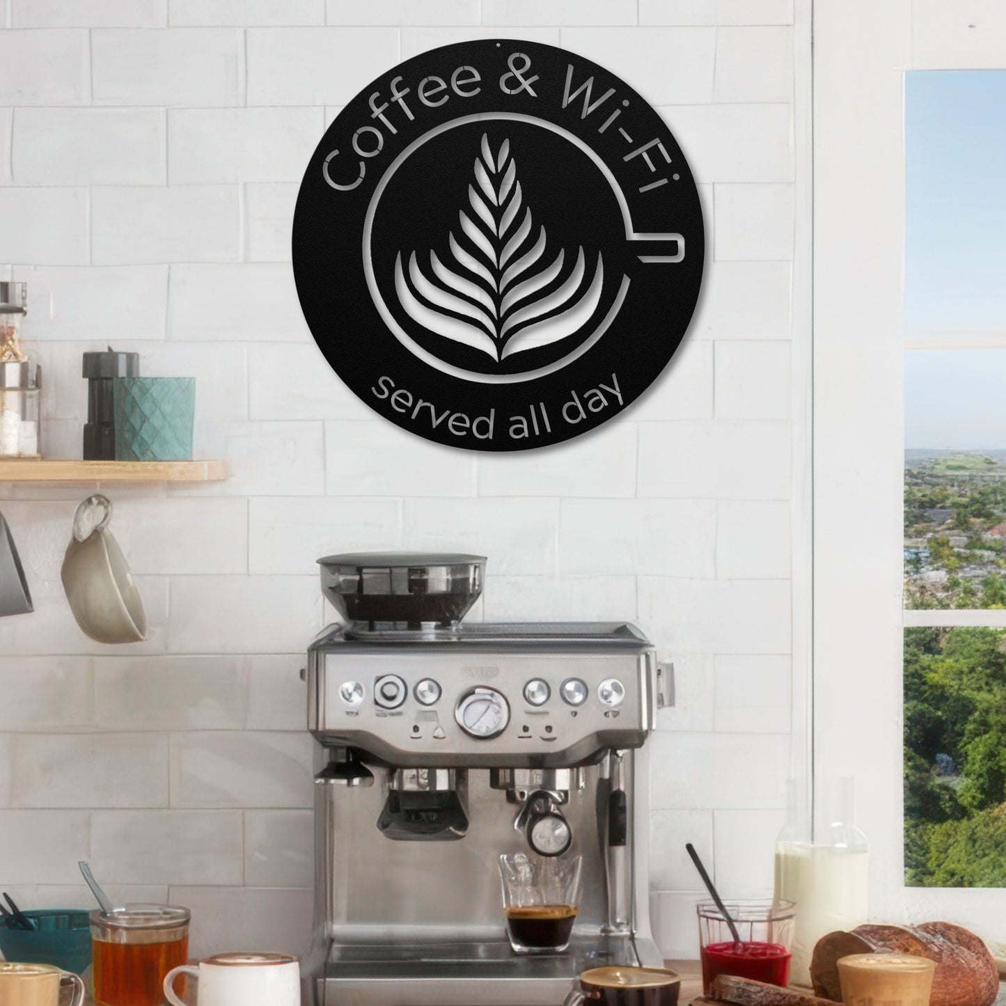 Coffee and Wi-Fi Latte art die-cut metal sign