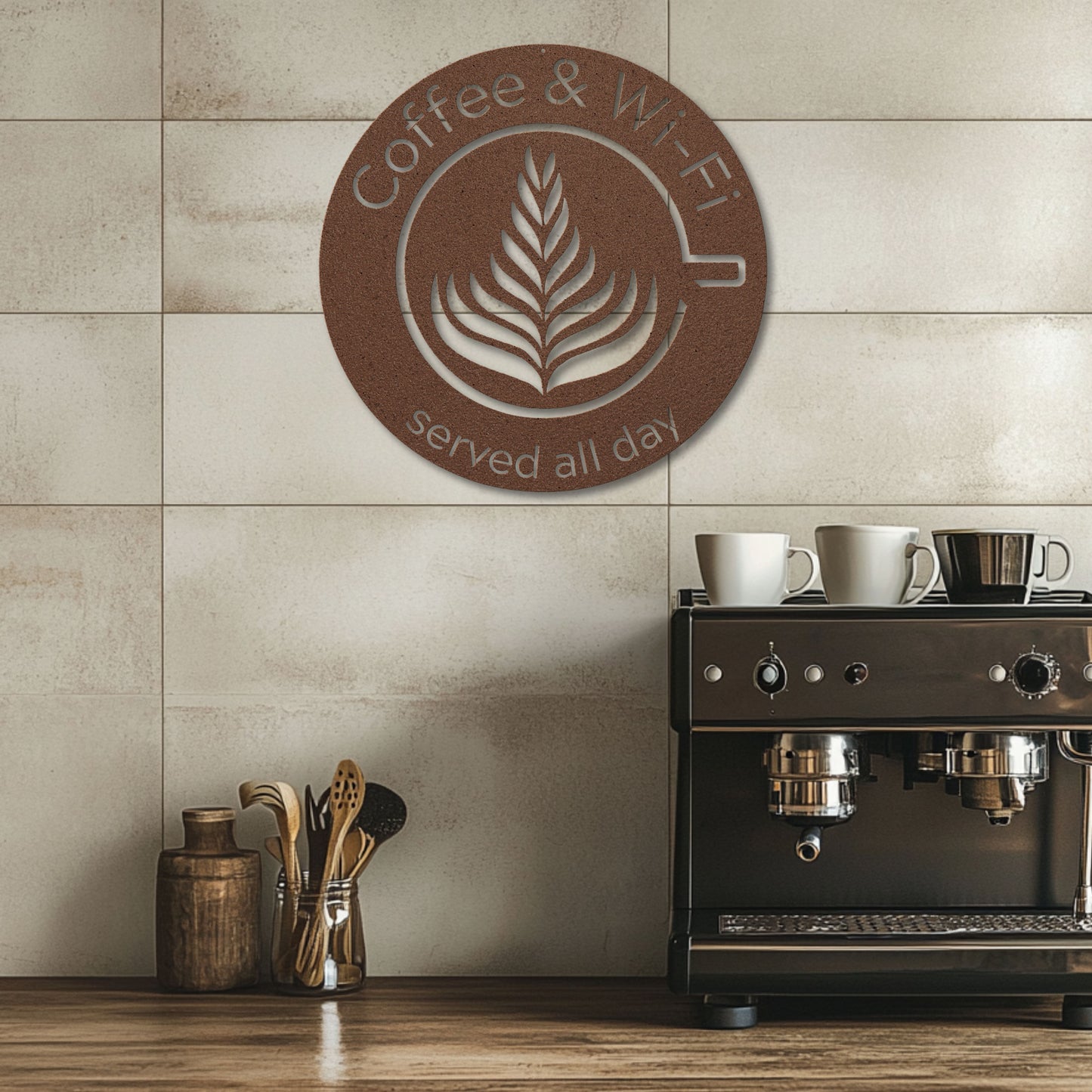 Coffee and Wi-Fi Latte art die-cut metal sign