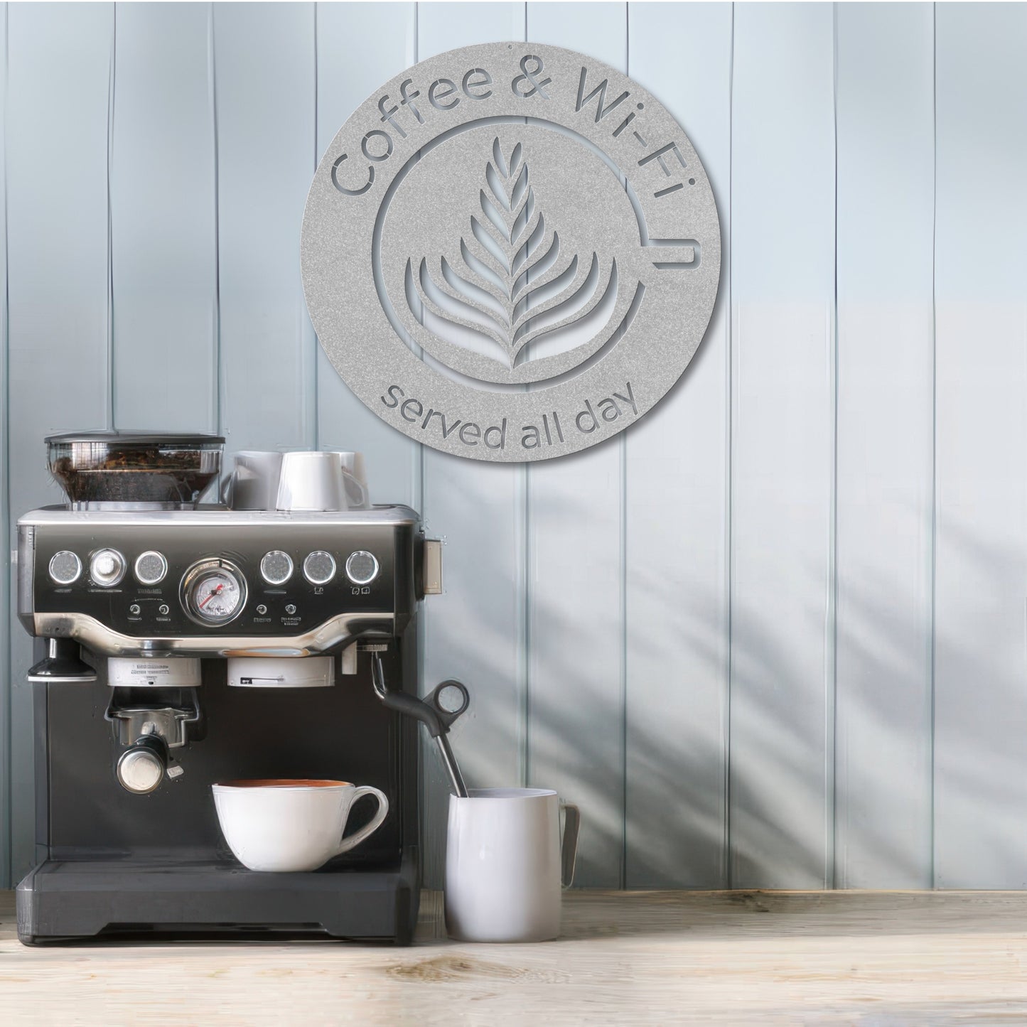 Coffee and Wi-Fi Latte art die-cut metal sign