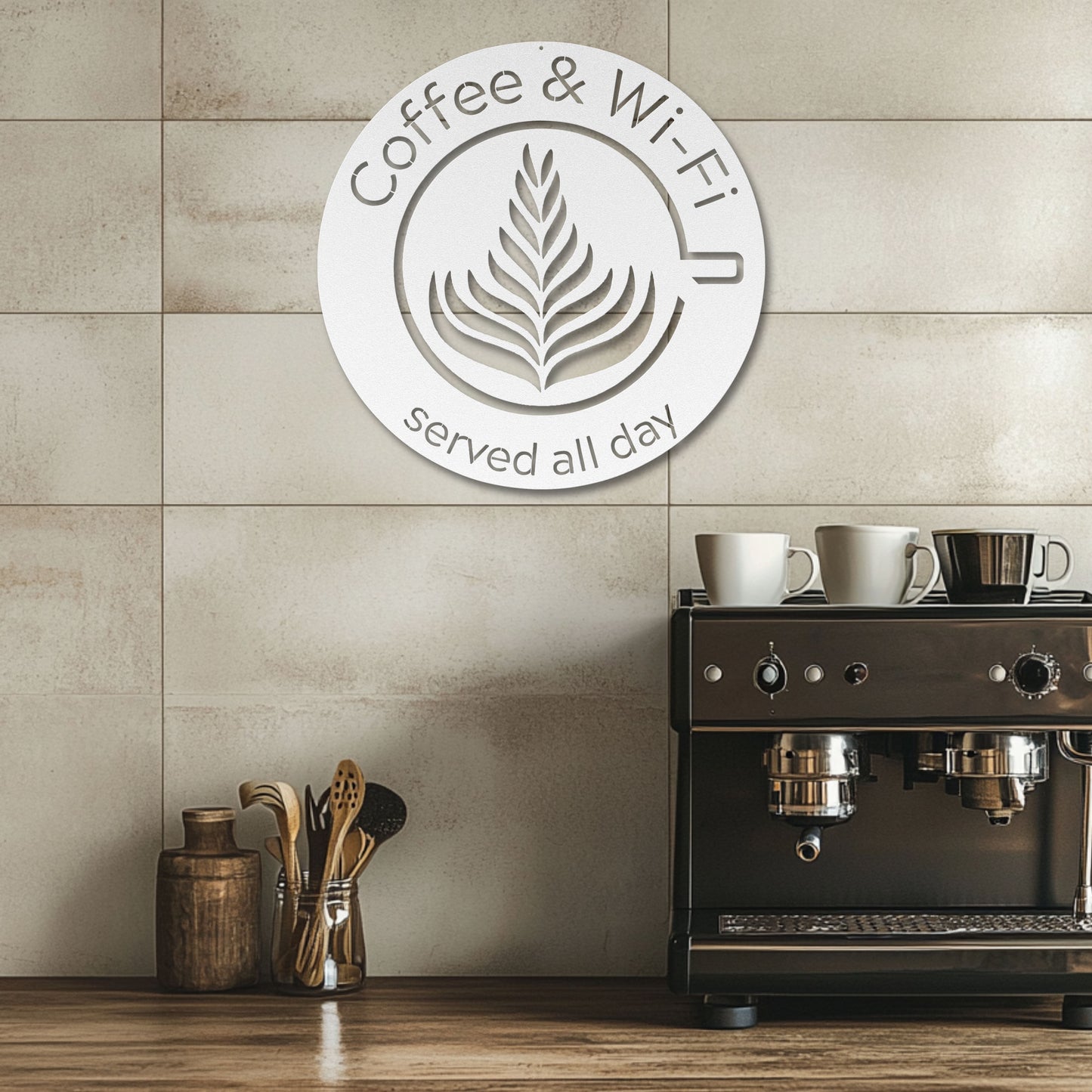 Coffee and Wi-Fi Latte art die-cut metal sign