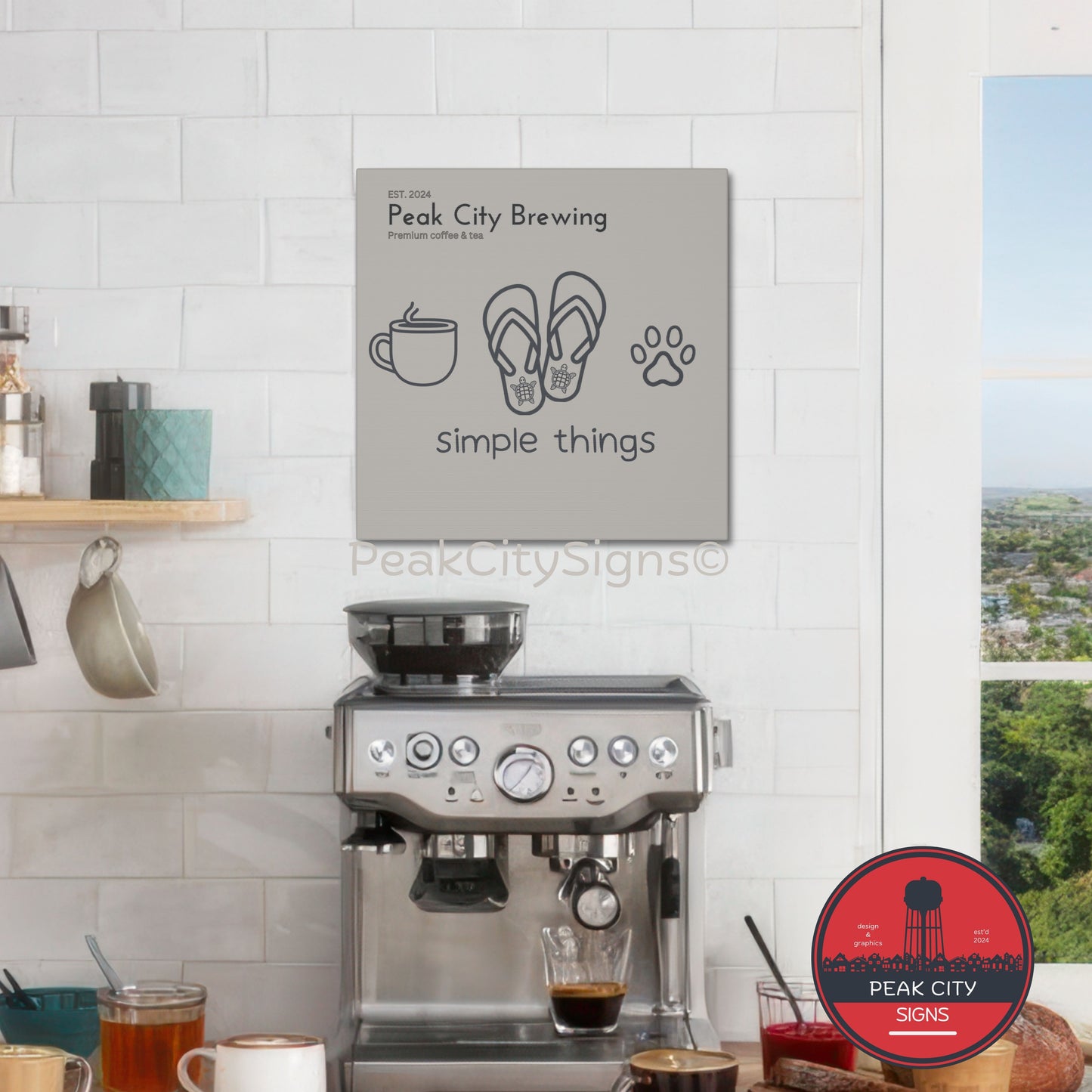 Simple things coffee flip flops and cat paw canvas wall art - sand