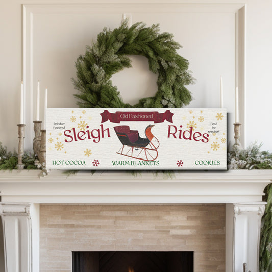 Sleigh rides sign, Holiday Canvas Rustic Vintage Christmas Wall Decor