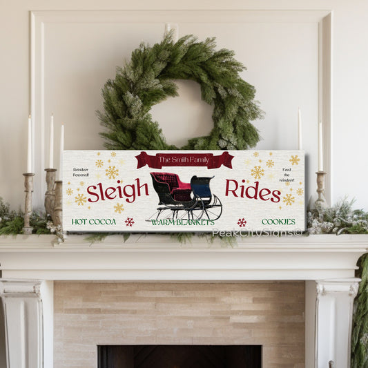 PERSONALIZED Sleigh rides sign, Holiday Canvas Rustic Vintage Christmas Wall Decor